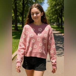 Hazel Moon Pink Daisy Casual Chic Floral Sweater M